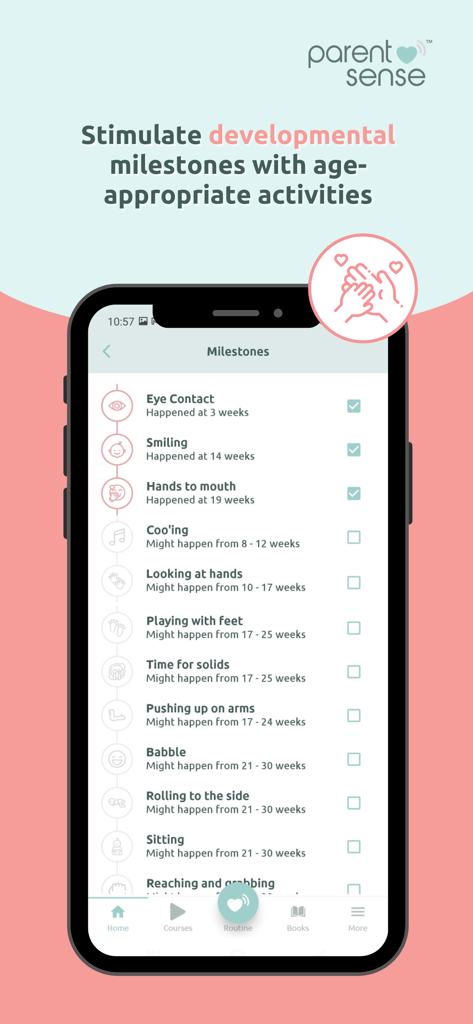 Parent Sense: Daily Baby Care - A mobile app screen displaying a checklist of baby developmental milestones with age ranges and checkmarks.