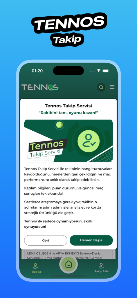 Tennos - L'écran du service de suivi des adversaires de l'application Tennos mettant en évidence les données stratégiques pour les joueurs de tennis compétitifs.