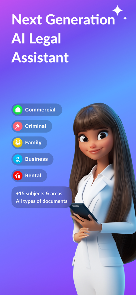 Lawly AI – Legal Assistant - AI legal assistant app showing legal categories like commercial criminal family business and rental law