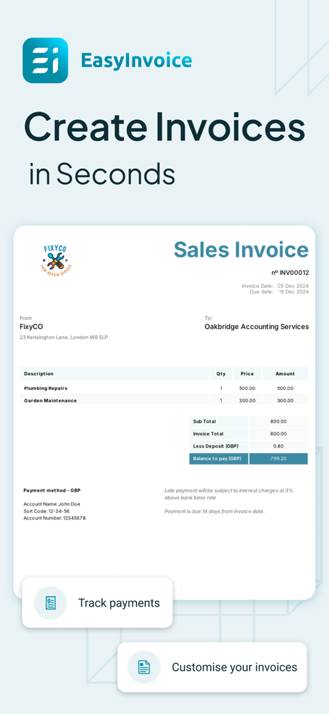 A professional sales invoice template for small businesses created with the Easy Invoice Maker app.