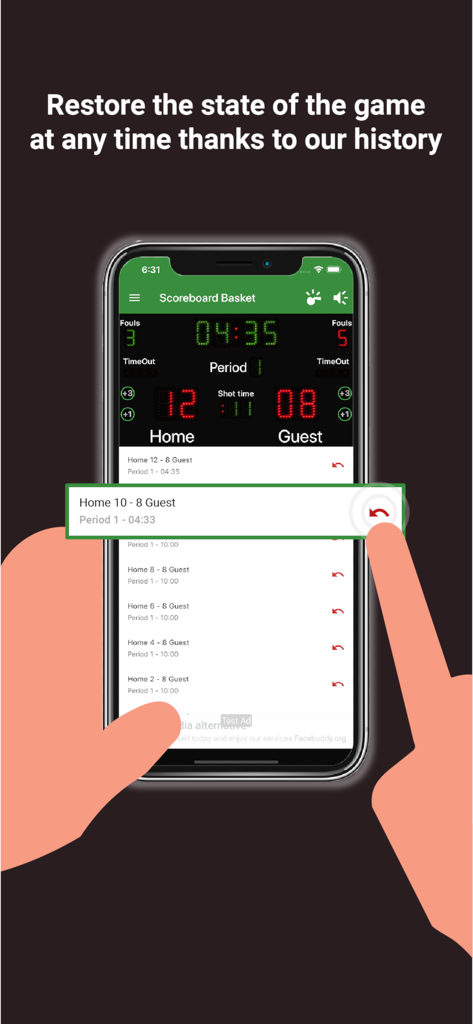 Scoreboard Basket - Smartphone screen showing the history log of a basketball game within the Scoreboard Basket app being used to restore a previous game state