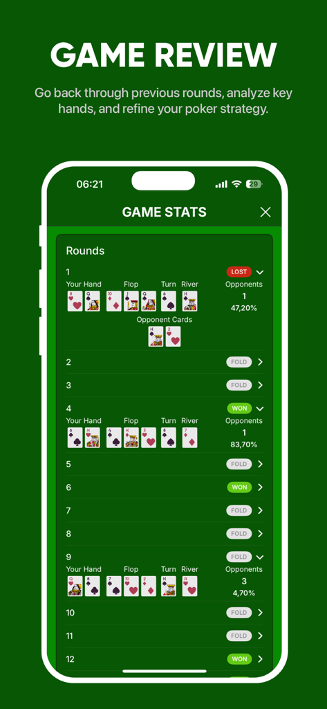 Aces Poker App Spielüberprüfungsbildschirm mit einer Historie von Runden mit Handdetails und Gewinnprozenten