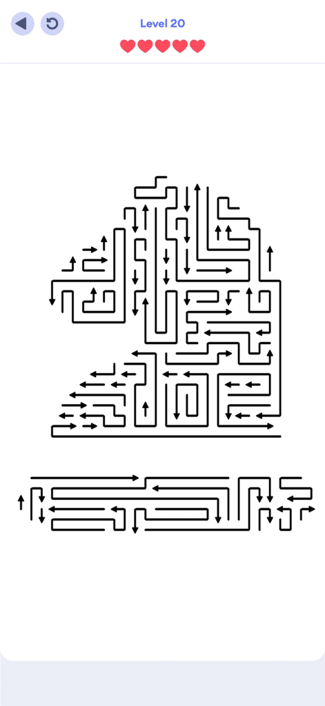 A minimalist logic puzzle screen from Arrows Puzzle Escape featuring a complex arrangement of black arrows and five red hearts