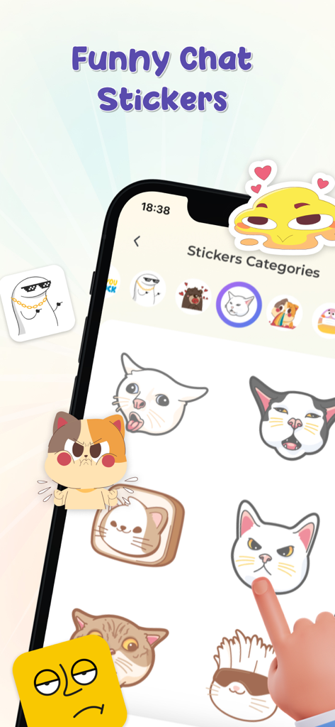 Prank Sounds, Funny AirHorn - Interface de um aplicativo móvel exibindo adesivos engraçados de memes de gato para chat