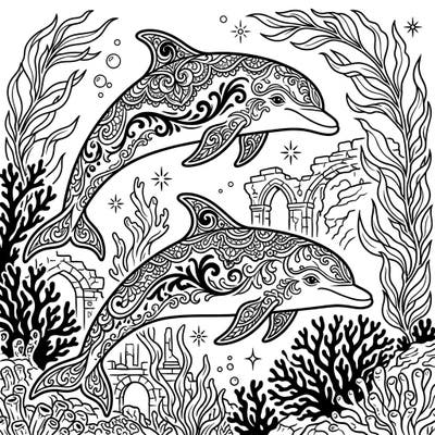 Unleash your creativity with this unique Gothic dolphin coloring page, featuring two majestic dolphins adorned with intricate Victorian-inspired patterns. Explore a mysterious underwater world filled with ancient ruins and dramatic coral, ready for your artistic touch.