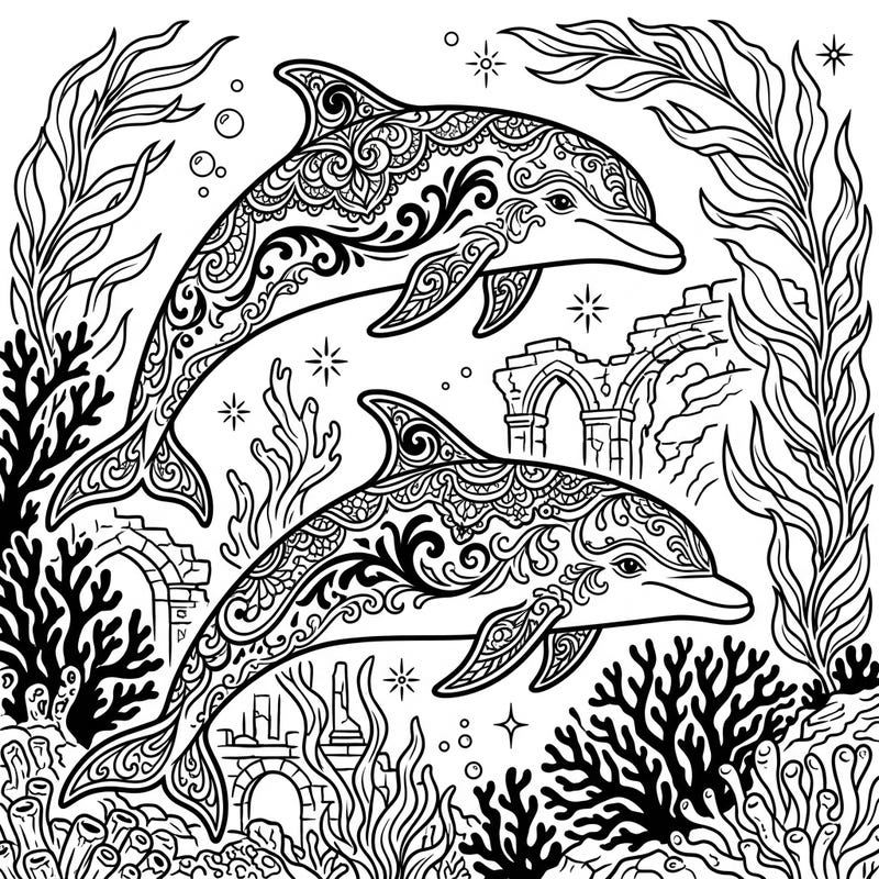 Unleash your creativity with this unique Gothic dolphin coloring page, featuring two majestic dolphins adorned with intricate Victorian-inspired patterns. Explore a mysterious underwater world filled with ancient ruins and dramatic coral, ready for your artistic touch.