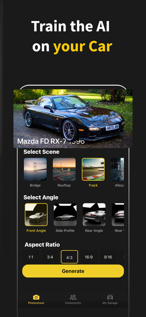 Die Benutzeroberfläche der AI Car Photoshoot App zeigt Szenen- und Winkeloptionen zur Generierung von Autodarstellungen.