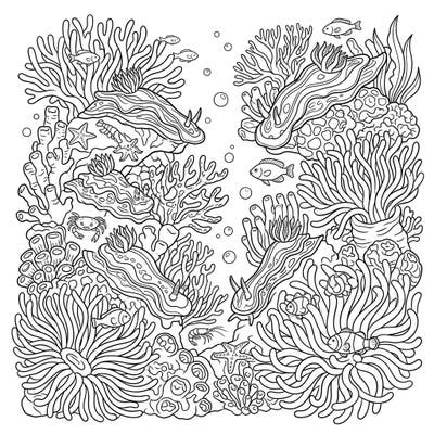 Immerse yourself in the bustling beauty of an underwater coral reef ecosystem. This intricate coloring page features a diverse collection of fascinating sea creatures, waiting for your creative touch.