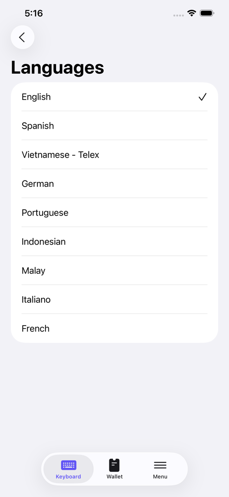 Cool Fonts+ - A list of available keyboard languages in the Cool Fonts plus app settings including English Spanish and Vietnamese
