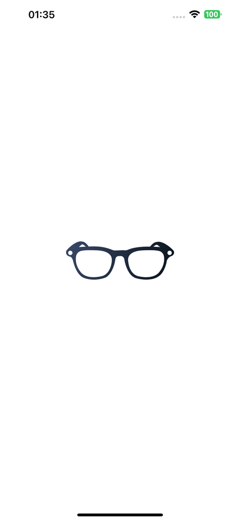 Cyan Glasses app splash screen featuring a minimalist glasses icon on a white background.