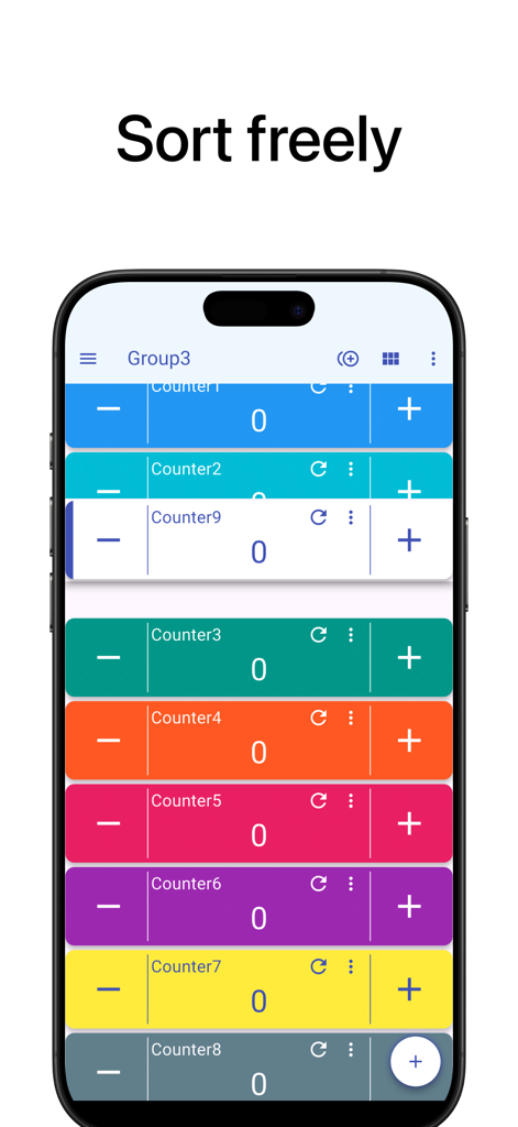 Smart Counter app interface showing drag and drop sorting of colorful tally counters.