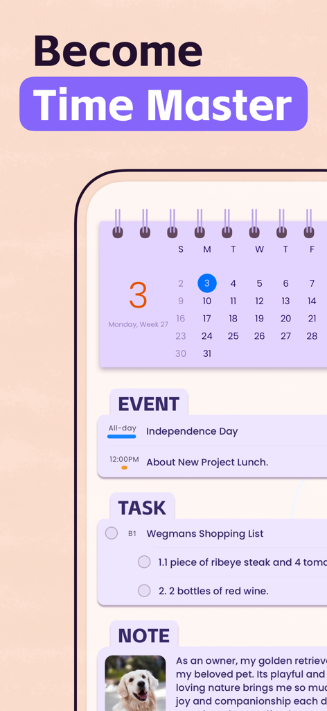 Planner Pro - Daily Planner - Screenshot of Planner Pro app showing the integration of calendar events, task lists, and notes in one interface.