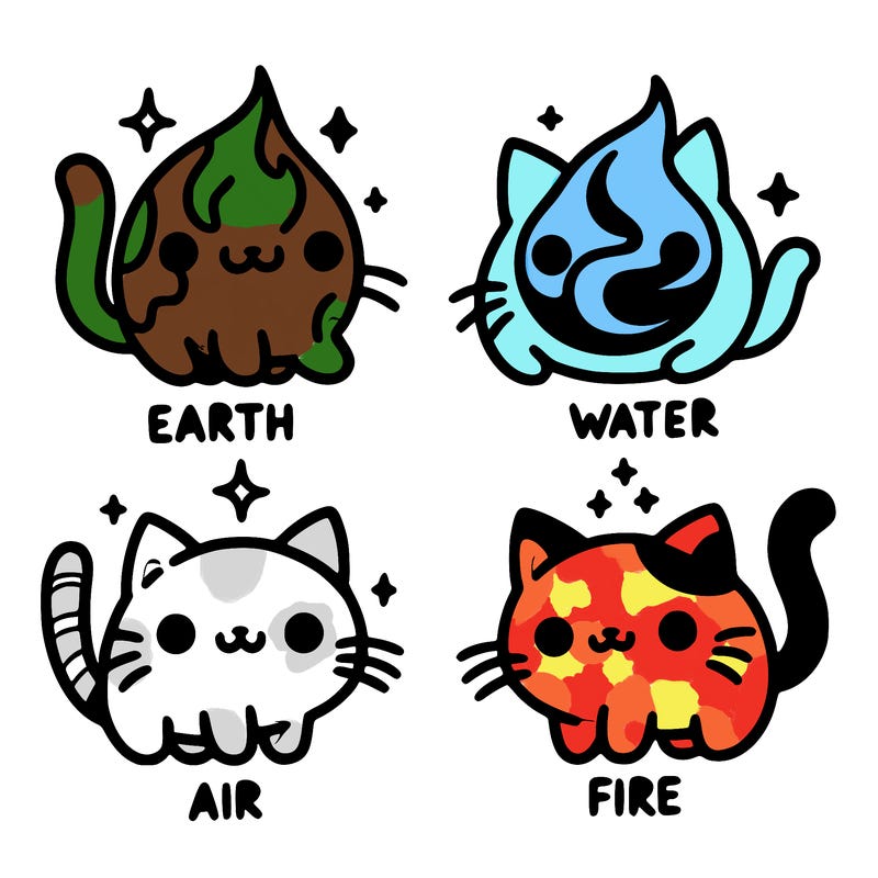4 cats that represent the different elements, earth, water, air, and fire