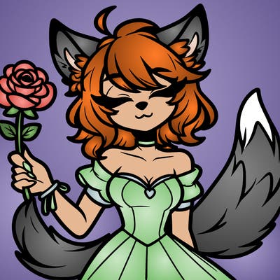a animated woman with wolf ears and tail with eyes shut and a rose in her hand