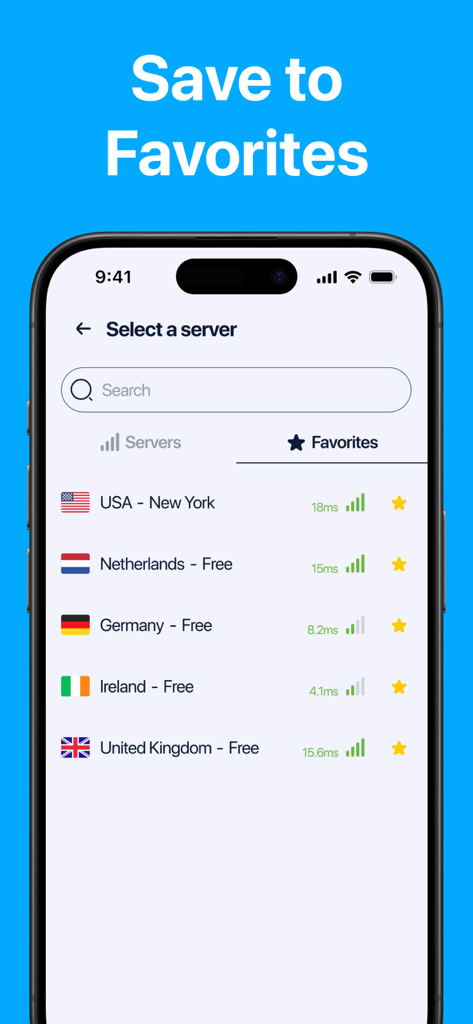 VPN Unlimitedㅤ - VPN server list with latency information and favorite feature