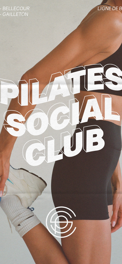Pilates Social Club app banner featuring a woman stretching in athletic wear