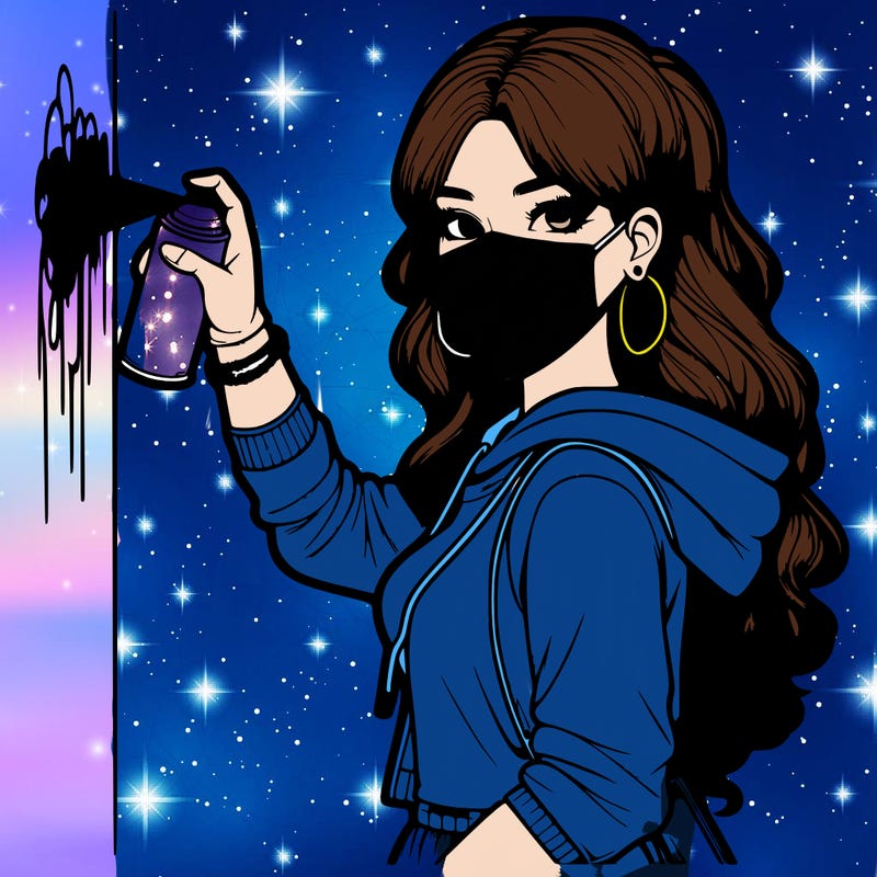 realistic girl with mask spray painting a wall