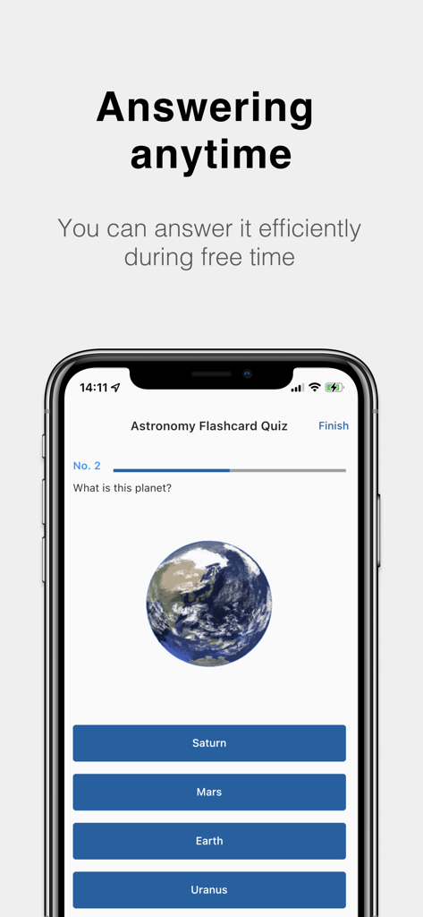 Mobile interface of TestMaker app showing a multiple choice astronomy quiz with an image of Earth.