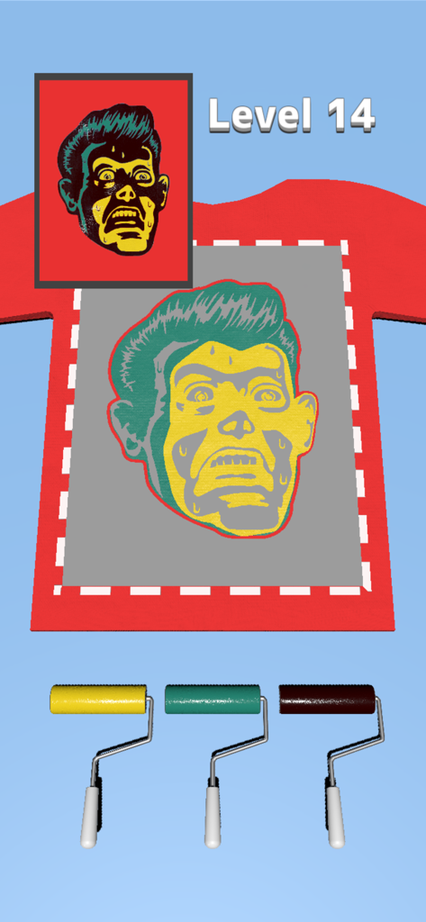 Masking Print - Coloring a face design on a red T-shirt using rollers in the Masking Print mobile game.