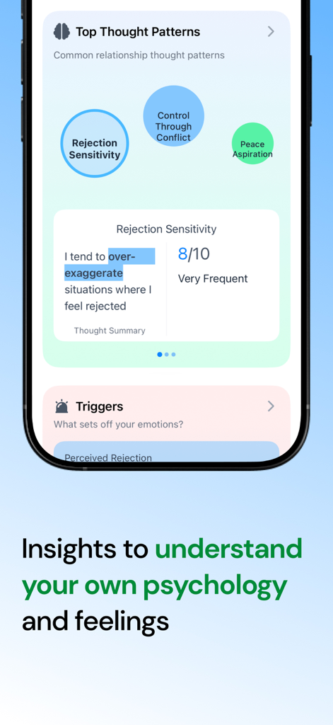 Attached: Relationship Anxiety - Attached app screen displaying psychology insights including top thought patterns like rejection sensitivity and emotional triggers.