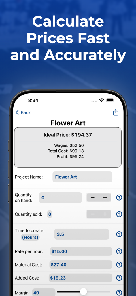 Craft Pricing Assistant Pro - クラフト価格設定計算画面。職人プロジェクトの素材費、労働費、利益率が表示されています。