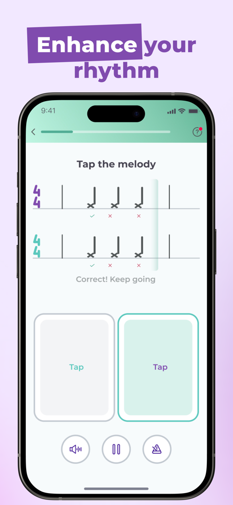Talented: Music Learning App - Un ejercicio de entrenamiento de ritmo en la app de música Talented donde un usuario toca notas de una melodía en un smartphone.