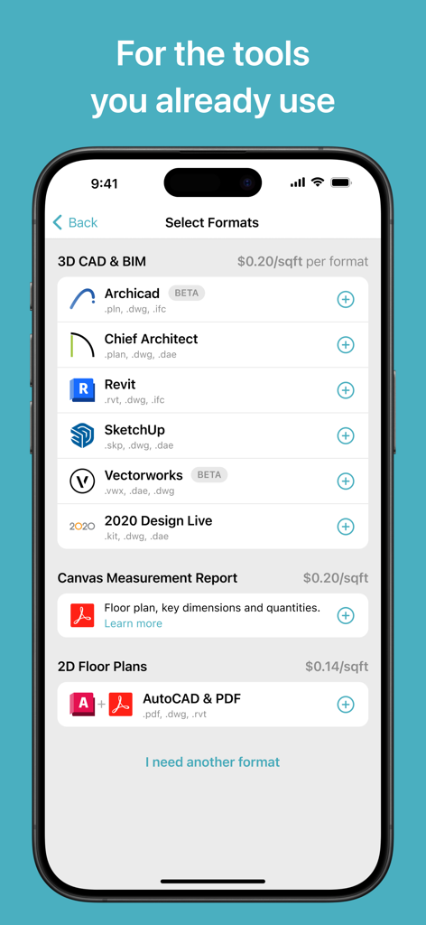 Interfaccia dell'app Canvas che mostra vari formati di esportazione per CAD 3D e planimetrie 2D come Revit e SketchUp.
