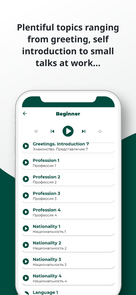Lista de temas para principiantes en la aplicación Ruso Escuchar y Hablar