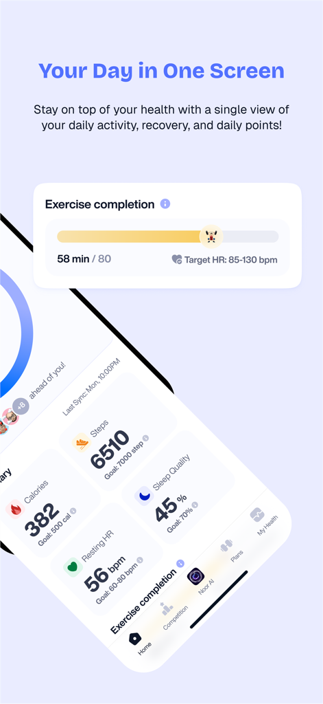 Byte+ - Byte plus app interface showing daily health metrics including exercise completion steps and calories