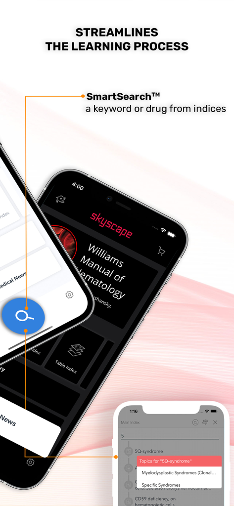 Williams Manual of Hematology - Interface of the Williams Manual of Hematology app highlighting the SmartSearch feature for medical terms and drug indices.