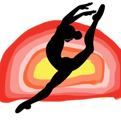 gymnast doing a leap in a leotard with a bent back leg