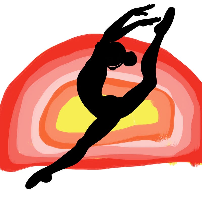 gymnast doing a leap in a leotard with a bent back leg