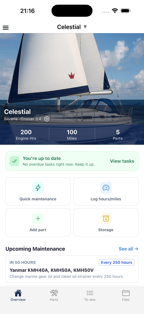 Boat Maintenance Planner - Dashboard of the Boat Maintenance Planner app showing engine hours, mileage, and upcoming maintenance tasks for a sailboat.