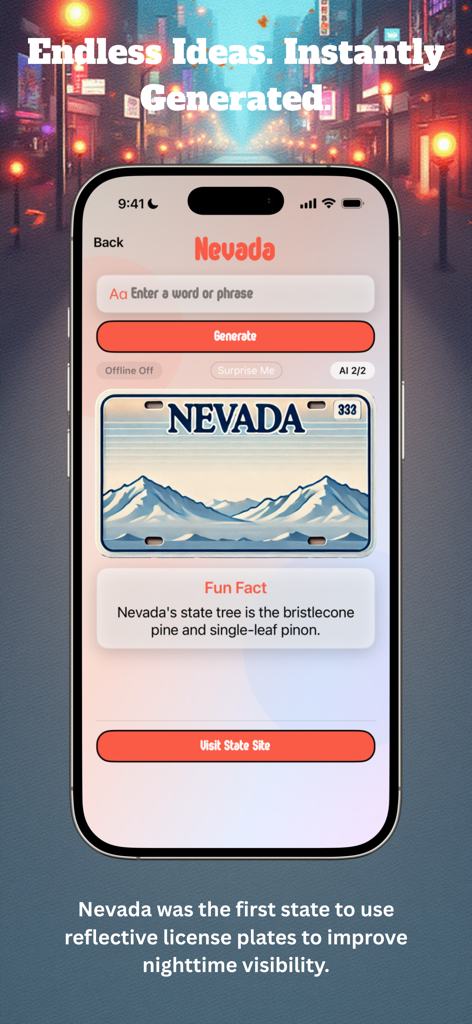 Plate Picasso! - Interfaz de la aplicación móvil Plate Picasso que muestra una vista previa de matrícula personalizada de Nevada con montañas y funciones de generador de IA