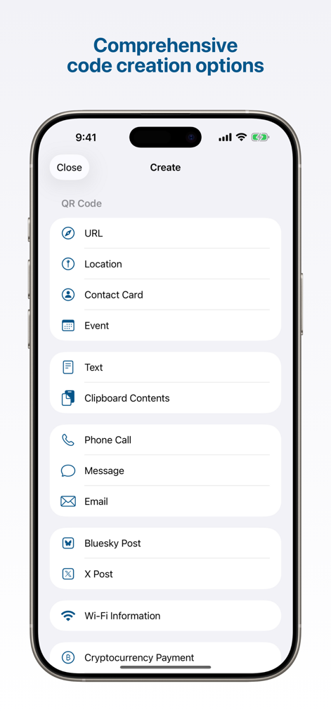 Qrafter: QR Code Reader - URL、連絡先カード、Wi-Fi情報を含む包括的なQRコード生成オプションを示すインターフェイス