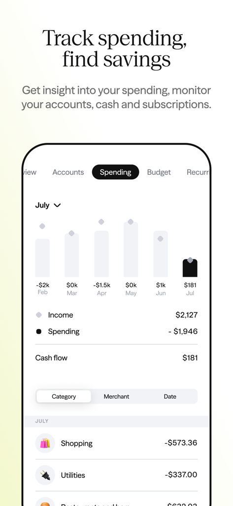 Interfaccia mobile dell'app Albert che mostra approfondimenti sulle spese mensili e grafico del flusso di cassa