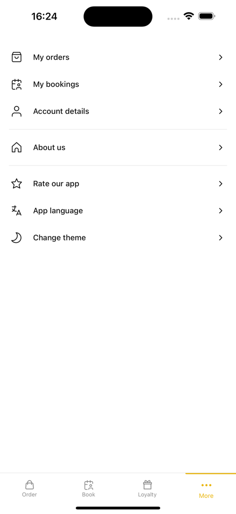 Rakoon Restaurants - The account settings menu of the Rakoon Restaurants app listing orders and bookings