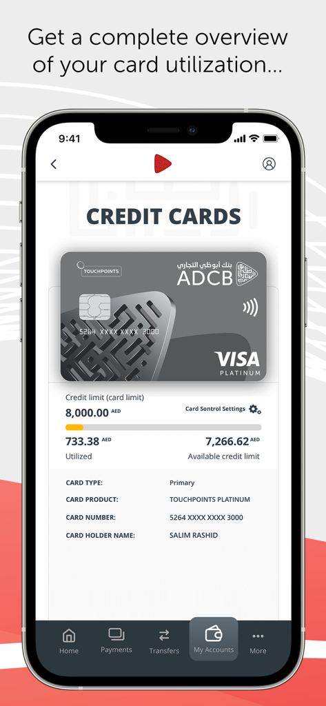 ADCB - Pantalla de la aplicación de banca móvil ADCB que muestra la utilización de la tarjeta de crédito y los detalles del límite disponible