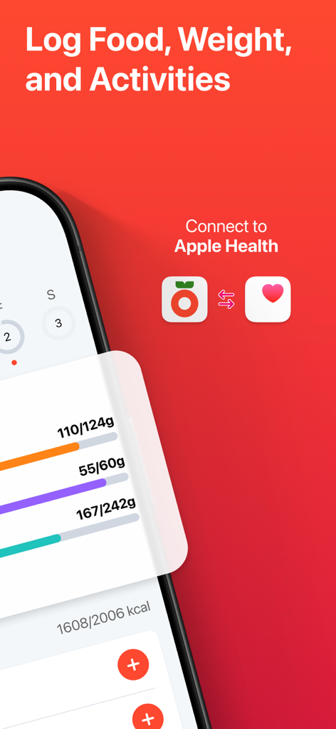 Calorie Counter - FitCounter - Interfaccia dell'app FitCounter che mostra i progressi del tracciamento dei macro e la sincronizzazione con Apple Health.