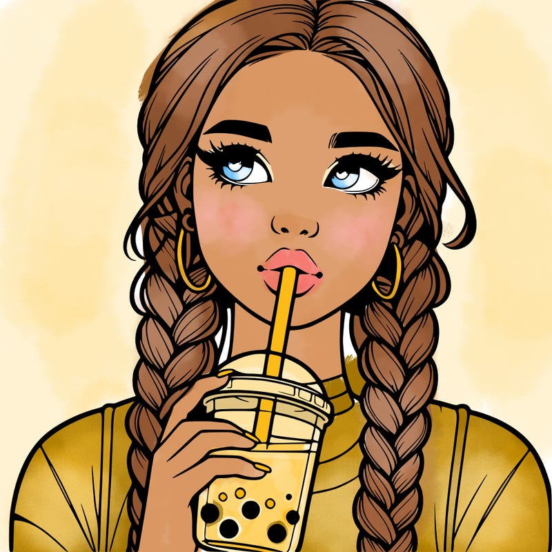 realistic girl with braided hair drinking boba