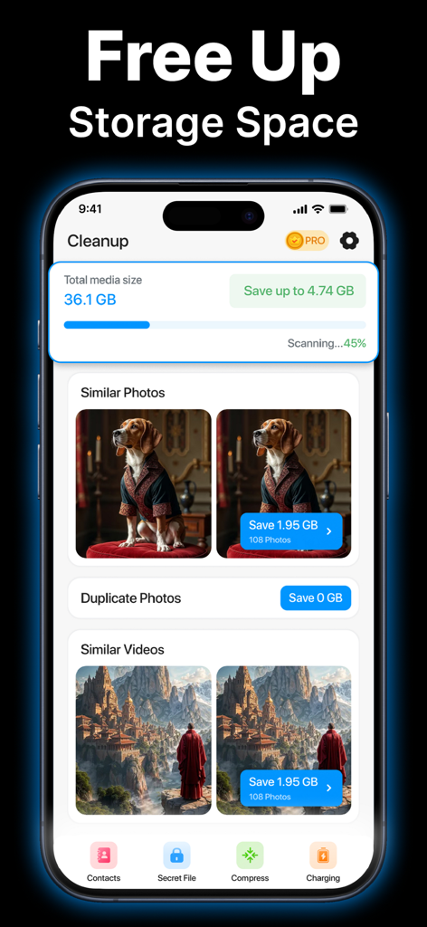 Clean Up Storage－Phone Cleaner - Interfaz de la aplicación Limpia Almacenamiento mostrando un escaneo de fotos duplicadas y videos similares en un iPhone.