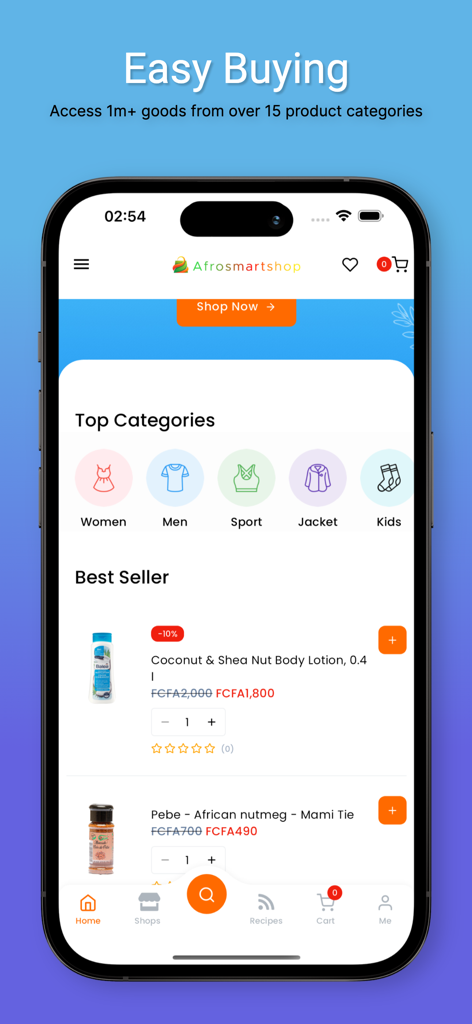 Afrosmartshop Cameroon - The Afrosmartshop mobile app home screen showing product categories and best sellers for the Cameroonian market
