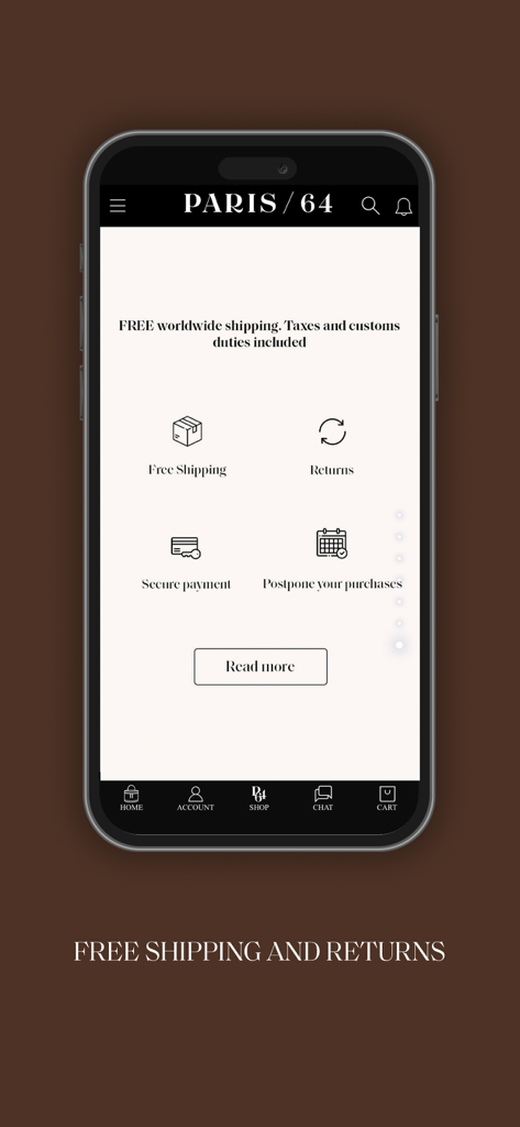PARIS/64 - PARIS/64 app screen displaying free shipping and returns policies with icons for secure payment and customer service