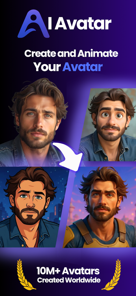 AI Avatar Generator & Animator - A promotional image for AI Avatar app showing a real photo of a man transforming into different AI avatar styles like 3D cartoon, manga, and fantasy.