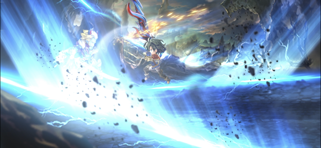 Un personaggio esegue un potente attacco con la spada con effetti magici blu in Another Eden.