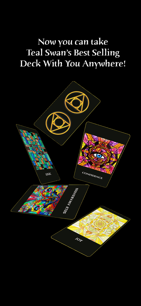 Pantalla promocional para la aplicación Frequency Guidance Cards con cartas de oráculo digitales con diseños artísticos para Lógica Confianza Autoconciencia y Alegría