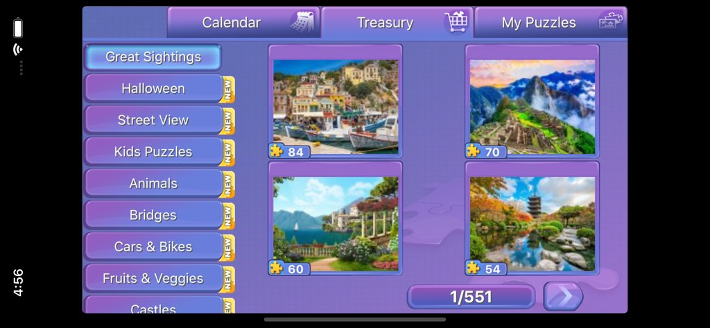 Everyday Jigsaw app treasury screen displaying various landscape and travel puzzle categories with different piece counts.