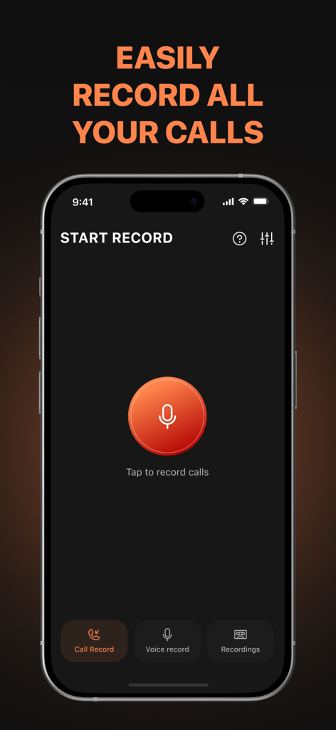 Record Phone Calls App - Auto - 어두운 배경에 큰 주황색 녹음 버튼이 있는 Call Global Recorder Max 앱의 메인 인터페이스.