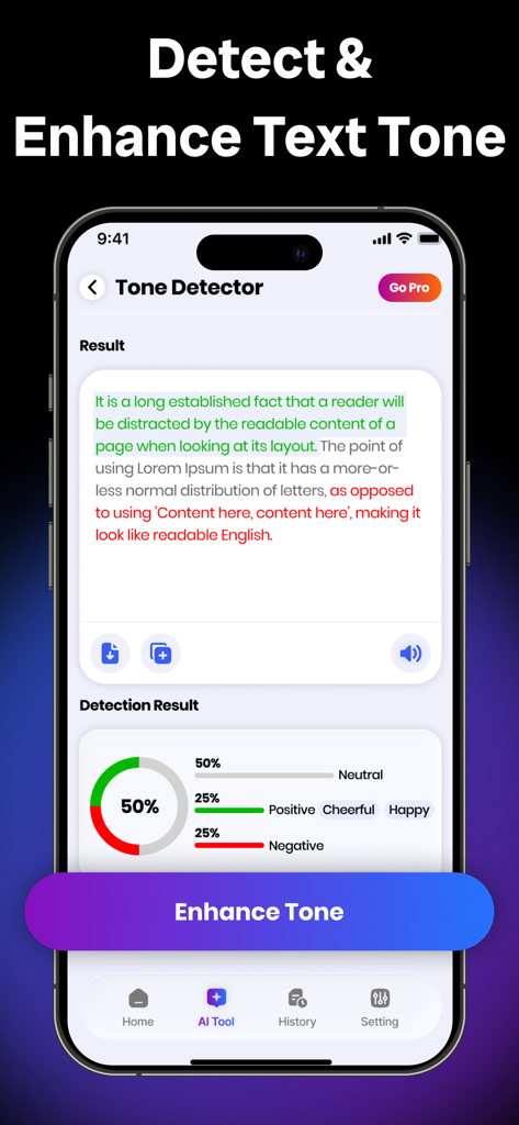 AI Humanizer - Text Rewriter - Interface of the AI Humanizer app showing the Tone Detector feature with a breakdown of neutral positive and negative sentiment
