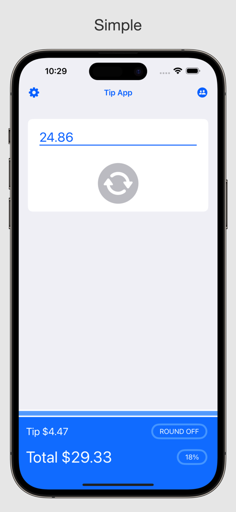 Interface de la Calculatrice de pourboires montrant un total d'addition avec un pourboire de 18 %